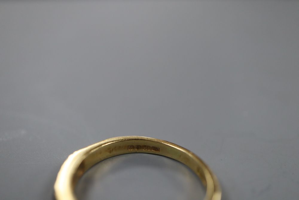 A 1970s 18ct gold, five stone sapphire and four stone diamond set half hoop ring, size K, gross 2.7 grams.